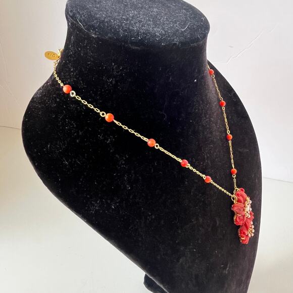 Y2K Joan Rivers Coral Enamel Pendant Necklace Gold Tone Chain Retro Rhinestone - Picture 4 of 13
